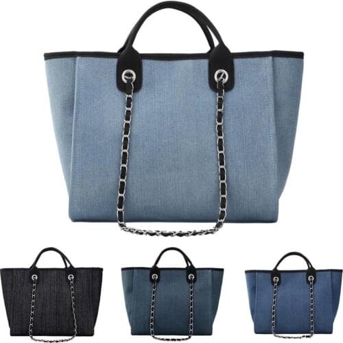 Minimalism Simple Solid Color Large Capacity Tote Pouch Women Chain Zip Shoulder Canvas Bag wholesale