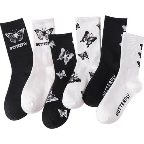 1 Pair Autumn Winter New Women Casual Cotton Socks Fashion Comfortable Soft Solid Color Long Socks Butterfly Printed Women Socks