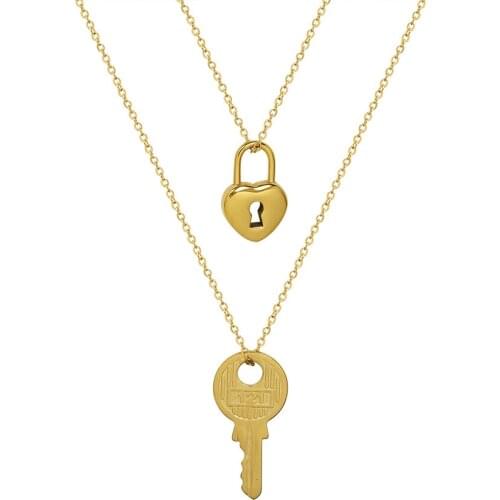 2021 New 316LStainless Steel PVD Gold Plated Jewelry Cute Small Heart Lock Key Pendant Necklaces For Women Girl Jewelry Set Gift