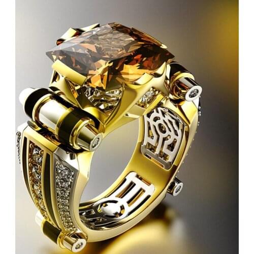 New Creative Geometric Domineering Champagne Zircon Rings Luxury Yellow Gold Color Black Crystal Wedding Rings for man and woman