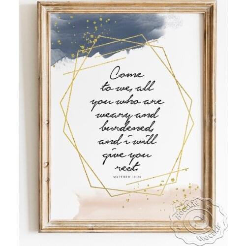 Scripture Matthew Quote Poster, Bible Verse Art Prints, Religious Christian Gift Wall Picture, Navy Blue Modern Decor Painting