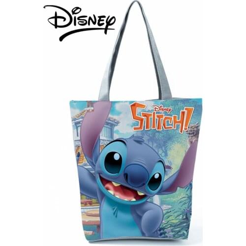 Disney Lilo Stitch Cartoon Printed Handbag Casual High Capacity Eco Reusable Shoppaing Bag Blue Girl Women Travel Beach Tote Bag