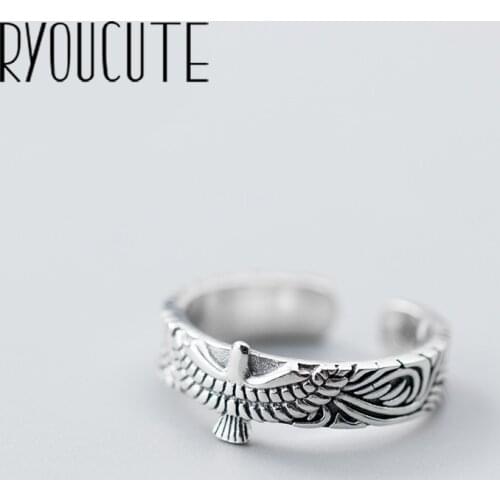 RYOUCUTE 100% Real Silver Color Exaggerated Personality Retro Big Eagle Rings for Women Statement Adjustable Finger Ring