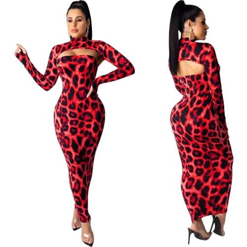 HAOOHU Sexy Camo Leopard Two Piece Set Women Fall Festival Clothing Crop Top and Off Shoulder Maxi Dress 2 Piece Club Outfits