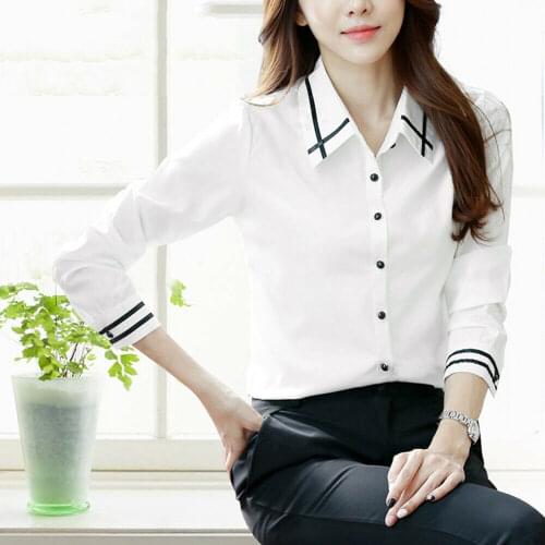 2019 New Korean Womens Slim Long Sleeve Career T Shirt Button Down Patchwork OL Formal Tops Plus Size S-5XL