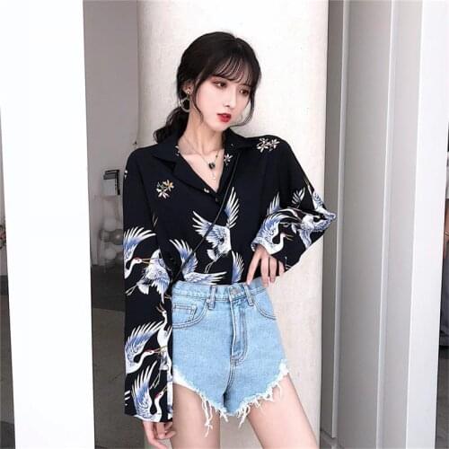 Womens Shirts Clothes Kawaii Ulzzang Vintage Chic Ins Crane Print Loose Shirt Girl Punk Harajuku Tunic For Women Casual