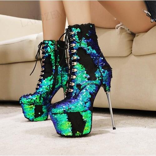 LAIGZEM Women Booties Shiny Glitter 2 Sides Colors Metal High Heels Ankle Boots Party Club Shoes Botas Mujer Big Size 33 42 43