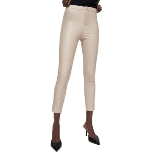 2020 New Autumn Women High Wasited Faux Leather Trousers Ladies Fall Wine Red Slim Fit Fleece PU Skinny Stretchable Pencil Pants