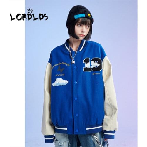 LORDLDS Women Blue Bomber Jackets PU Patchwork Colud Print Loose Oversized Korean Coats Clothes Fall Baseball Jacket for Woman