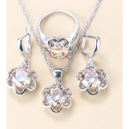 Vintage Costume Champagne Zircon Silver Color Jewelry Sets For Women Necklace And Earrings Ring 3-Piece Sets