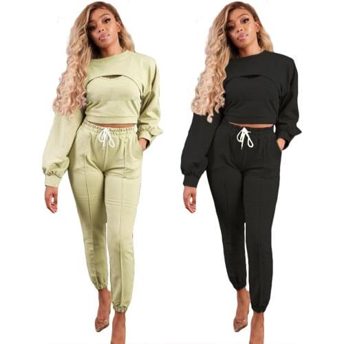 Autumn Three Pieces Running Sets Women Sportswear Solid Color Tank Tops Long Sleeve Short Sweatshirts Jogger Pants Female Sets