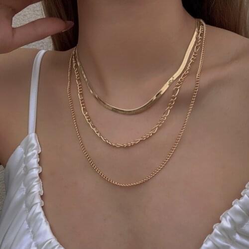 Flashbuy Simple Flat Snake Bone Chain Choker Necklace for Women Wholesale Multi Layered Chain Gold Color Necklace Accessories
