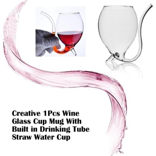 2020 Creative 300ml 1Pcs Devil Red Wine Glass Transparent Cup Mug With Built in Drinking Tube Straw Water Cup for Home Bar Hotel