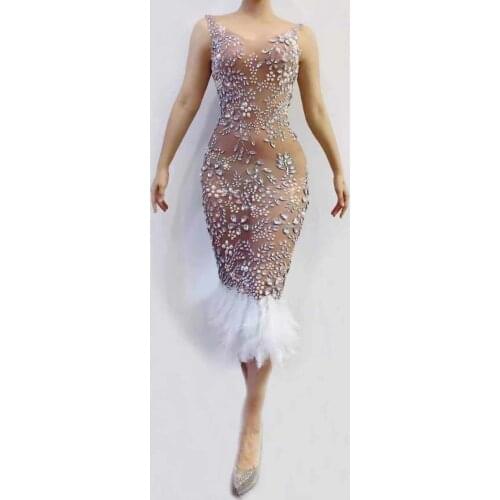 Flashing Silver Crystals Pearls Sexy Transparent Feather Dress Evening Birthday Celebrate Mesh Stretch Evening Sleeveless Dress