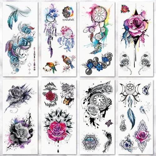 Drawing Rose Geometic Temporary Tattoo Watercolor Tattoo Stickers Beach Flower Women Girls Body Chest Hand Legs Tatoo Decal