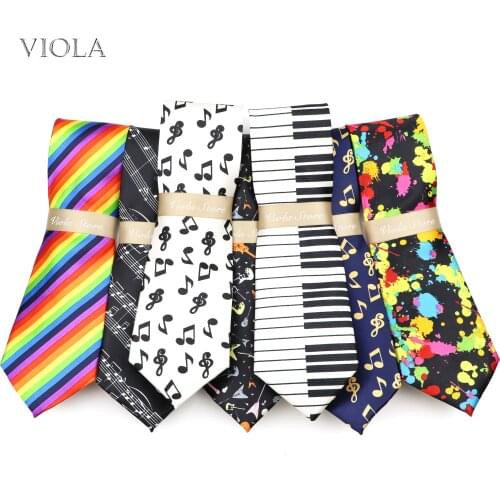 Smooth Soft Mens Tie 8cm Music Notes Guitar Rainbow Striped Print Polyester Necktie Tuxedo Banquet Suit Party Gift Accessories