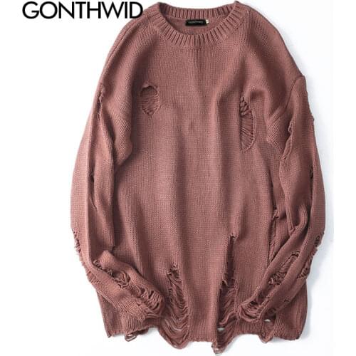 GONTHWID Ripped Destroyed Holes Distressed Sweaters Mens Knitted Pullover Sweater Male Hip Hop Fashion Loose Sweater Streetwear