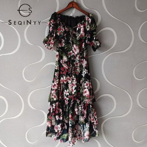 SEQINYY Summer Midi Dress Ruffles Cascading New Fashion Design Women Runway Holiday Flowers Print Vintage Beach Chiffon