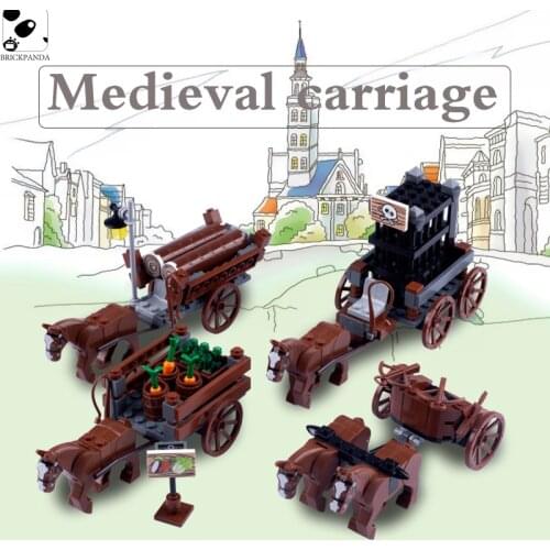 MOC Medieval Chariot Building Blocks Soldier Carriage Minifigs Castle Skeleton Food Printing Accessories Compatible Kids Toys