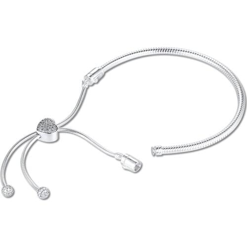 Moments Pave Heart Clasp Snake Chain Slider Bracelet 925 Silver Bracelets For DIY Woman Fashion Bracelets For Jewelry Making