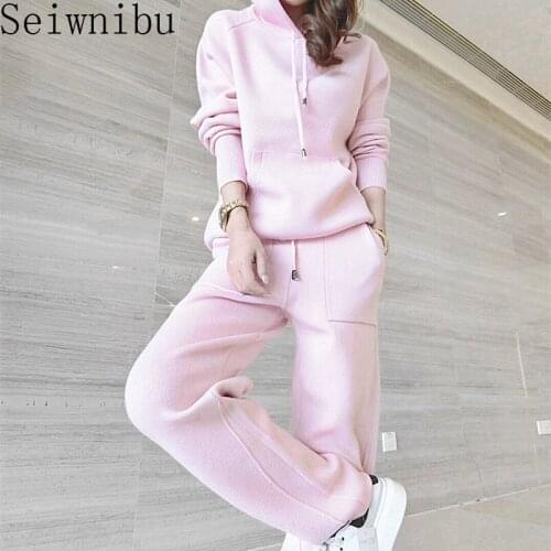 New Knit Suit Womens Casual Hoodie Knitted Trousers 2020 Rushed Hooded Full Drawstring Autumn and Winter Warm Two-piece Solid