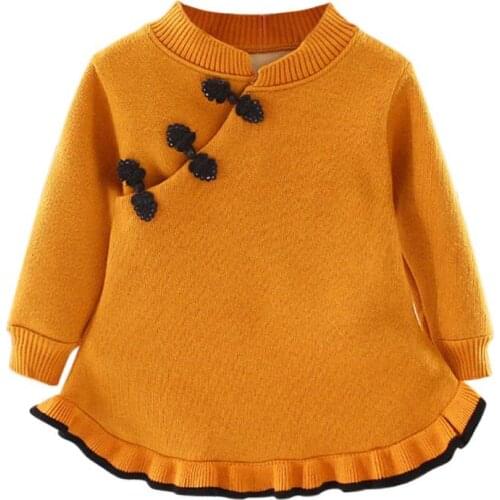 Children Girls Dresses Chinese Style Comfort Soft Long-Sleeves Autumn Winter Leisure Cheongsam Ruffle O-neck Buckle Dress