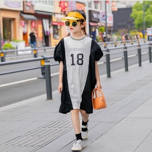 Children Fashion Sequins Patchwork Dress Baby Girl Color Contrast Loose Dress Kids Summer New Clothes Teenage Dress 4-16Y WZ242