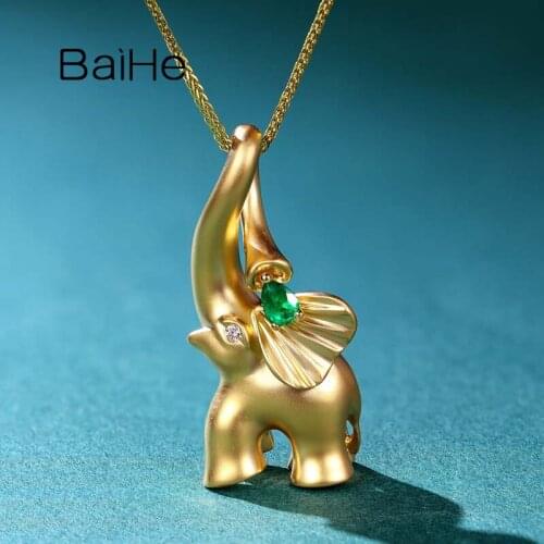 BAIHE Solid 14K Yellow Gold 0.14ct Natural Emerald 0.01ct Natural Diamond Trendy Fine Jewelry elephant Pendant animal Women Man