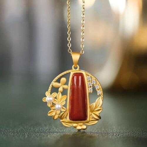 Natural South Red Agate Floral Half Summer Pendant Necklace Pearl Embellished S925 Silver Plated Inlaid with Flesh Red Jade