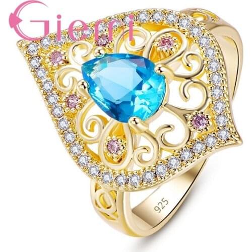 Retro Luxury Clear Waterdrop Blue Rainbow CZ Stone Ring Hollow Pink Crystal 925 Sterling Silver Cocktail Rings Statement Jewelry