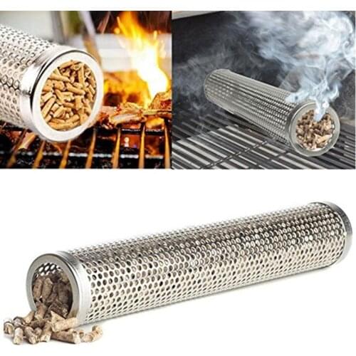 12INCH BBQ Stainless Steel Perforated Mesh Smoker Tube Filter Gadget Hot Cold Smoking Hexagonal Smoked Net Tube Outdoor Picnic