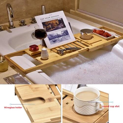 70-105cm Extendable Bamboo Bath Caddy Tray Adjustable Home Spa Wooden Bathtub Tray Book Wine Tablet Holder Reading Rack