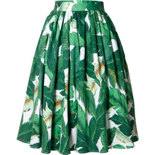 Customize Women Summer Fashion Casual Plus Size 3XS-10XL Retro Vintage Green Leaf Printing High Waist Knee Length A Line Skirt