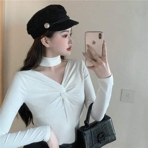 Spring Autumn Women T-shirt 2021 New Style Foreign Style Knotted Clavicle Top Slim Bottomed Shirt V-Neck Long Sleeve T-Shirt y2k