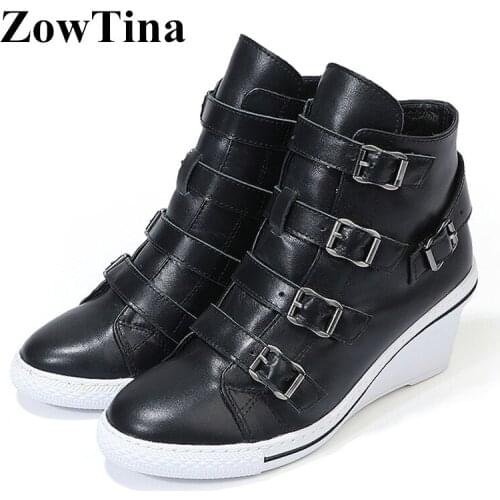 Women Black Leather Wedge Shoes Round Toe Gladiator Buckle Strap Pumps White Ladies Espadrilles Side Zip Brogues Footwear Shoes