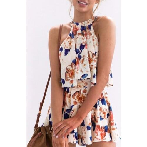 QA394 Fashion Sexy Jumpsuit Playsuit For Women Loose Cause Combishort Boho Floral Female Rompers Beach Shorts Sets