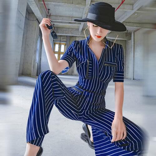 Women 2021 Summer Fashion Full Length V-neck Short Sleeve Jumpsuit Female Slim Wide-legged Playsuit Ladies Striped Romper S187
