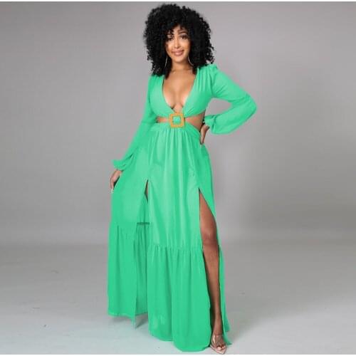 Yellow Green Summer Women Bohemian Long Dress Vintage Deep V Neck Long Sleeve Holiday Dress Sexy Double High Split Beach Dress