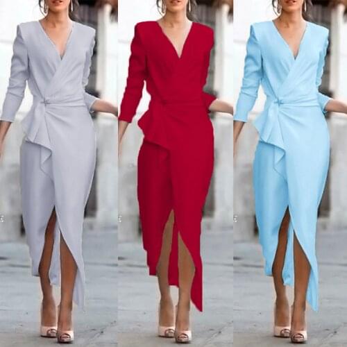 Womens V-neck Solid Color Mid-Waist Long-Sleeved Irregular Hem Dress Office Woke Wearing Dress Cocktail Party Платье 2021 New