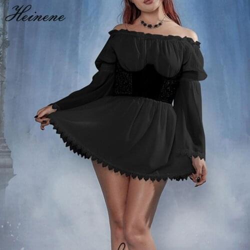 Heinene Gothic Sexy Black Off Shoulder Mini Dresses Harajuku High Waist Lace Trim Dresses Y2K Elegant Long Sleeve Womens Dresses