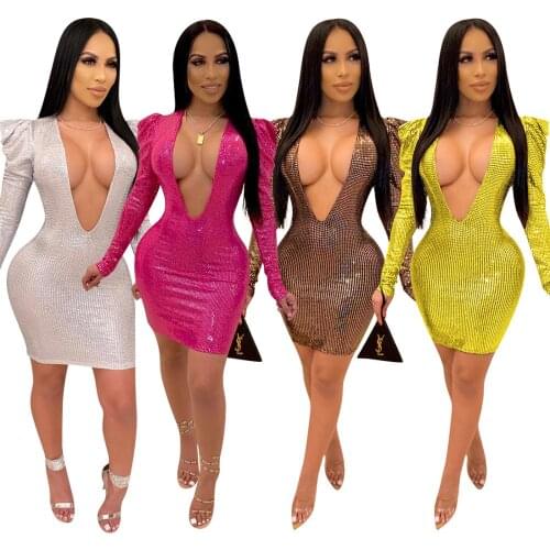 Women Long Sleeve Sequin Dress Sexy V Neck Evening Party Dresses Elegant Shiny Bodycon Mini Dress Plus Size