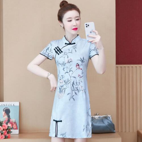 Chinese style large size printed dress women 2021 spring and summer fashion new retro temperament casual dress