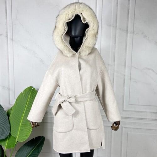 Wool Coat Women Winter Wool Blend Jacket Long Casual Slim Plus Size Overcoat With Belt Hooded Style Real Fox Fur Collar