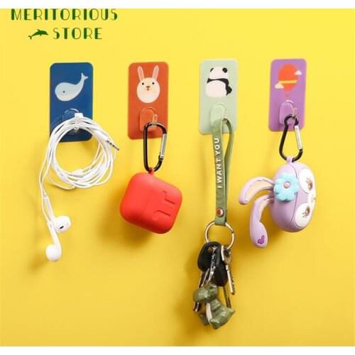 4pcs/set Cartoon Towel Hooks Plastic Door Hangers Self Adhesive Wall Keys Hangers Hat Racks Wall Organizer Home Decor Key Holder