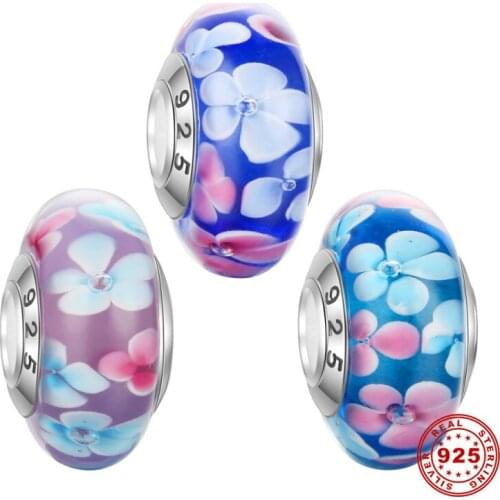 5pcs/ lot 100% Authentic 925 Sterling Silver Core Flower Pattern Colorful Lampwork Glass Beads Fit European Charm Bracelet DSG10