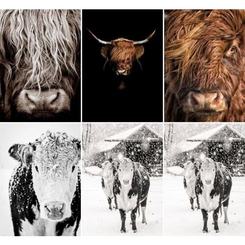 5D DIY Diamond Painting Black and White Highland Cow Cross Stitch Full Drill Animal Bull Diamond Embroidery Home Decoration Gift