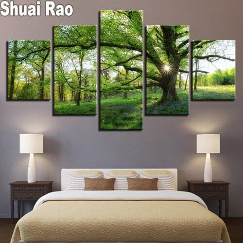 5 Pieces Forest Green Trees Diamond Painting Full Square Round Drill Diamond Mosaic Landscape 5d Pictures Diamant Art And Crafts