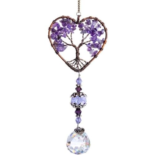 H&D Handmade Amethyst Suncatcher Crystal Tree of Life Healling Stones Rainbow Maker Drops Hang for Window, Home Decor,Car Charms