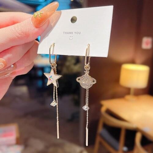Asymmetrical Planet Stars Long Tassel Saturn Earrings for Women Trendy Dangle Earrings Jewelry Female Rhinestone Drop Earrings