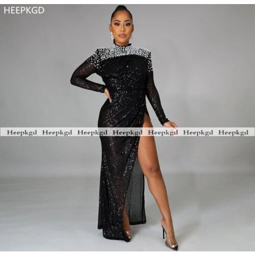 Sparkly Black Long Sleeves Prom Dresses White Pearls High Slit Backless Sexy Black Girls Graduation Party Dress Plus Size